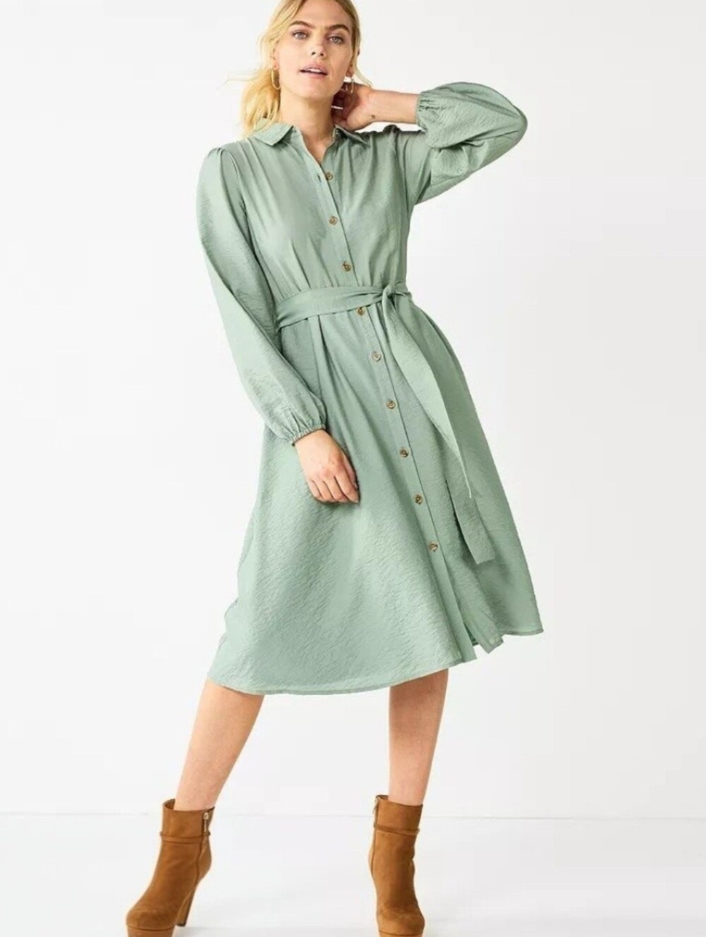 Nine West Sage Green Button-Front Shirt Dress with Tie Waist